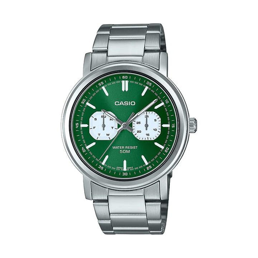 Image of Watches. Productname: Casio Analogue Day-Date Dial 50M Water Resistant Green Face Stainless Steel Band MTPE335D-3E in Watch colour by brand - Casio