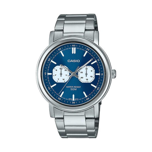 Image of Watches. Productname: Casio Analogue Day-Date Dial 50M Water Resistant Blue Face Stainless Steel Band MTPE335D-2E1 in Watch colour by brand - Casio