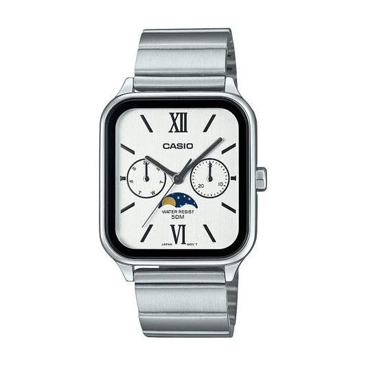 Image of Watches. Productname: Casio Analogue Moon Phase Silver Tone Watch MTPM305D-7A2 in colour by brand - Casio