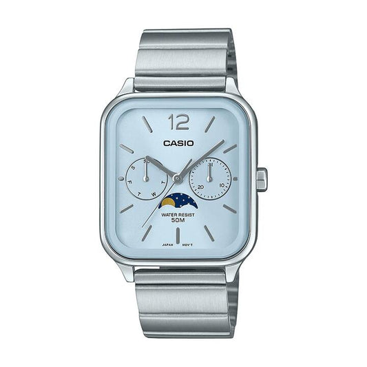Image of Watches. Productname: Casio Analogue Moon Phase 50M Water Resistant Pale Blue Face Stainless Steel Band MTPM305D-2A in Watch colour by brand - Casio