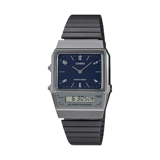Image of Watches. Productname: Casio Duo Retro Colour Dual Time Alarm StopwatchBlack Face Black Ip Stainless Steel Band AQ800EB-2A in Watch colour by brand - Casio