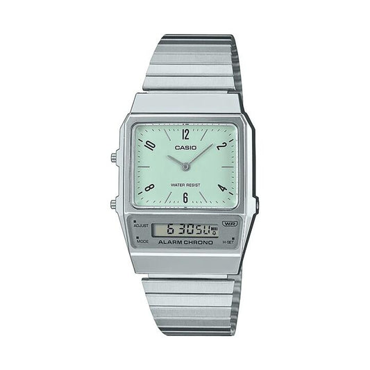 Image of Watches. Productname: Casio Duo Retro Colour Dual Time Alarm StopwatchGreen Face Stainless Steel Band AQ800E-3A in Watch colour by brand - Casio
