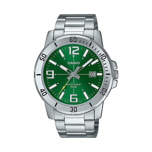 Image of Watches. Productname: Casio Gent Analogue 50M Water Resistant Green Face Stainless Steel Band MTPVD01D-3B in Watch colour by brand - Casio