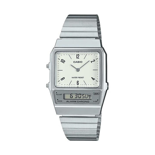 Image of Watches. Productname: Casio Duo Retro Colour Dual Time Alarm StopwatchWhite Face Stainless Steel Band AQ800E-7A2 in Watch colour by brand - Casio