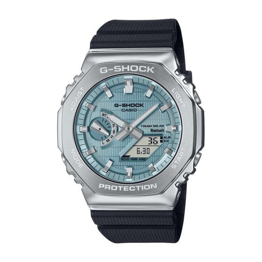 Image of Watches. Product name - Casio G-Shock Duo Metal Covered Solar Bluetooth Worldtime Stopwatch 200M Water Resistant Blue Face And Black Resin Band GBM2100A-1A2 in colour by brand - Casio G Shock