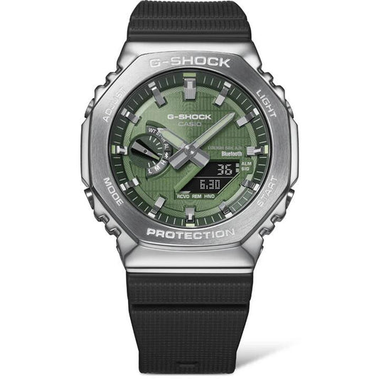 Image of Watches. Productname: Casio G-Shock Duo Metal Covered Solar Bluetooth Worldtime Stopwatch 200M Water Resistant Green Face And Black Resin Band GBM2100A-1A3 in colour by brand - Casio G Shock