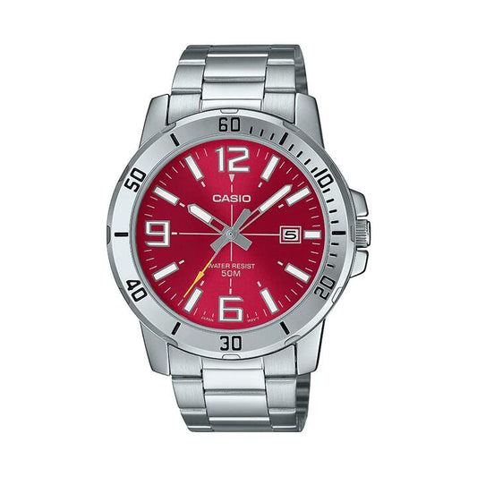 Image of Watches. Productname: Casio Gent Analogue 50M Water Resistant Red Face Stainless Steel Band MTPVD01D-4B in Watch colour by brand - Casio