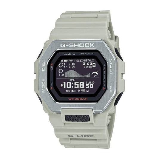Image of Watches. Productname: Casio G Shock G-Lide Natural Surf Bluetooth Training World Time 200M Water Resistant Black Face Cream Resin Band GBX100-8D in Watch colour by brand - Casio