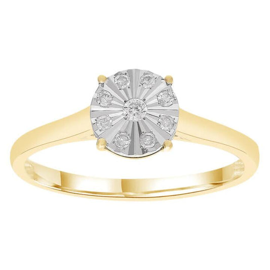 Image of Jewelry. Productname: Round Illusion Set Ring with 0.09tw of Diamonds in 9kt Yellow Gold in Diamond colour by brand - Bevilles