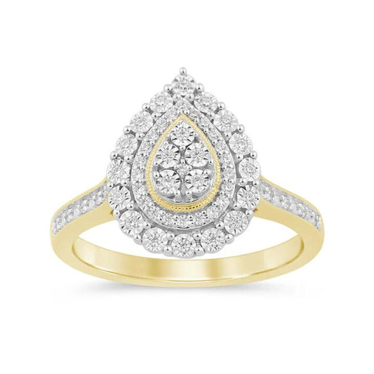 Image of Jewelry. Productname: Pear Halo Ring with 0.15ct of Diamonds in 9kt Yellow Gold in Diamond colour by brand - Bevilles
