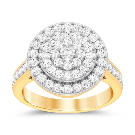 Image of Jewelry. Productname: Round Halo Ring with 1.00ct of Diamonds in 9kt Yellow Gold in Diamond colour by brand - Bevilles
