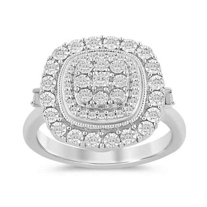 Image of Rings. Product name - Square Halo Ring with 0.15tw of Diamonds in Sterling Silver in colour by brand - Bevilles