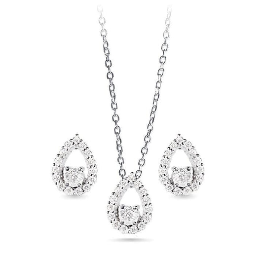 Image of Jewelry. Productname: Open Pear Halo Stud Jewellery Set with Cubic Zirconia and Sterling Silver in Silver colour by brand - Bevilles