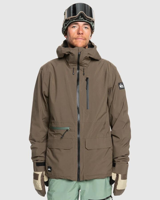 Image of a model wearing Outerwear. Productname: Quiksilver - Mens Quest Stretch 20K Snow Jacket - Canteen - in Canteen colour by brand - Quiksilver