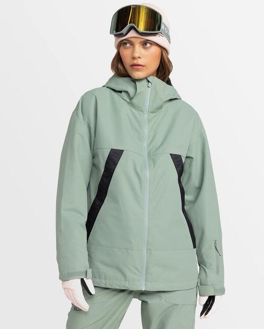 Image of a model wearing Outerwear. Productname: Roxy - Womens Roxy Slope Snow Jacket - Lily Pad - in Lily Pad colour by brand - Roxy
