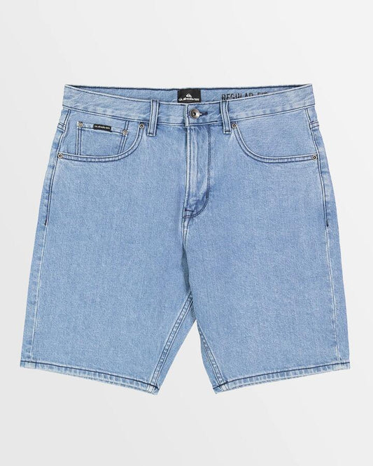 Image of a model wearing Shorts. Productname: Quiksilver - Mens Aqua Cult Aged Denim Shorts - Ashley Blue - in Ashley Blue colour by brand - Quiksilver