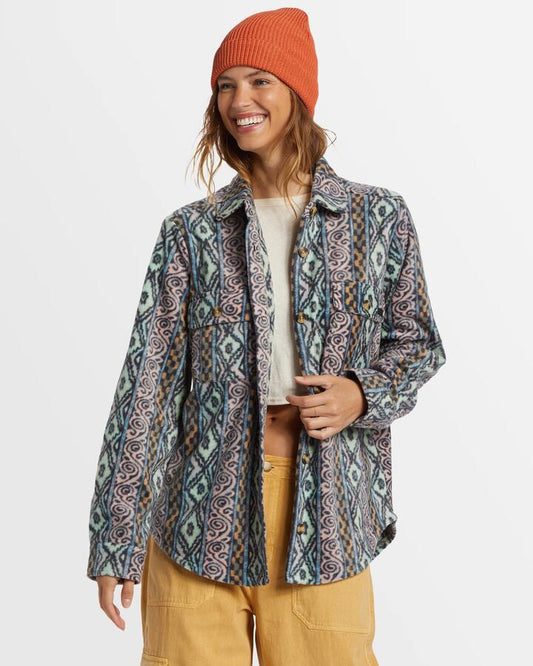 Image of a model wearing Outerwear. Productname: Billabong Womens Forge Shacket Dusty Peach - in Dusty Peach colour by brand - Billabong