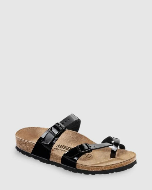 Image of Sandals. Productname: Birkenstock Mens Mayari Birko-Flor Regular Sandals Black Patent - in Black Patent colour by brand - Birkenstock