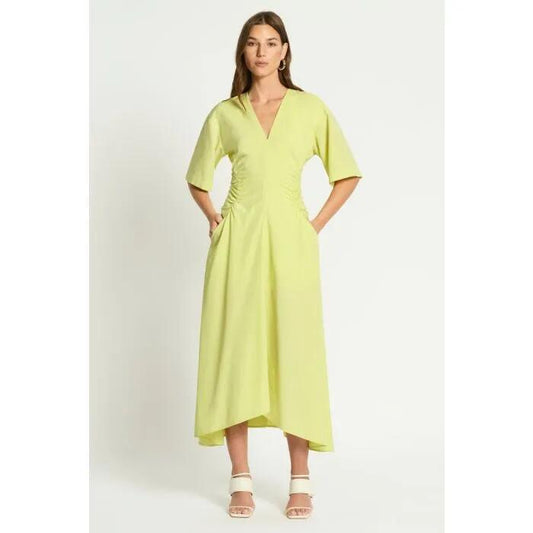 Image of a model wearing Dress. Productname: Nosara Midi Dress in PEAR GREEN colour by brand - sass and bide
