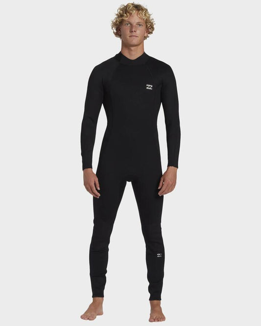 Image of a model wearing Tops. Productname: Billabong Mens 3/2Mm Foil Back Zip Wetsuit Black - in Black colour by brand - Billabong