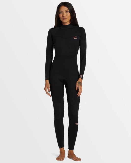 Image of a model wearing Tops. Productname: Billabong Womens 3/2Mm Foil Back Zip Gbs Steamer Wetsuit Black - in Black colour by brand - Billabong