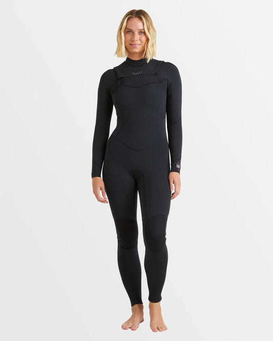 Image of a model wearing Tops. Productname: Billabong Womens 3/2Mm Salty Dayz Natural Chest Zip Steamer Wetsuit Black - in Black colour by brand - Billabong