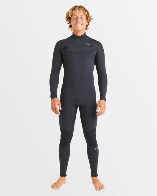 Image of a model wearing Tops. Productname: Billabong - Mens 4/3 Absolute Naturel Chest Zip Wetsuit - Black - in Black colour by brand - Billabong