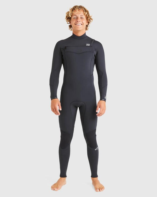 Image of a model wearing Tops. Productname: Billabong - Mens 3/2 Absolute Natural Chest Zip Wetsuit - Black - in Black colour by brand - Billabong