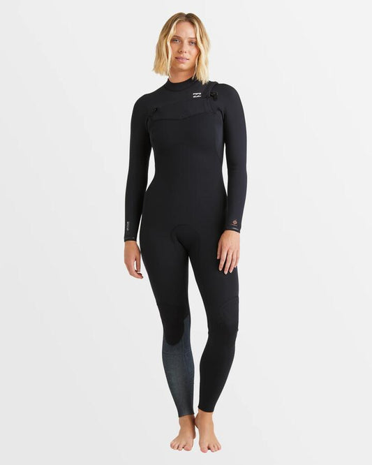 Image of a model wearing Tops. Productname: Billabong Womens 3/2Mm Furnace Natural Steamer Wetsuit Black Tiki - in Black Tiki colour by brand - Billabong