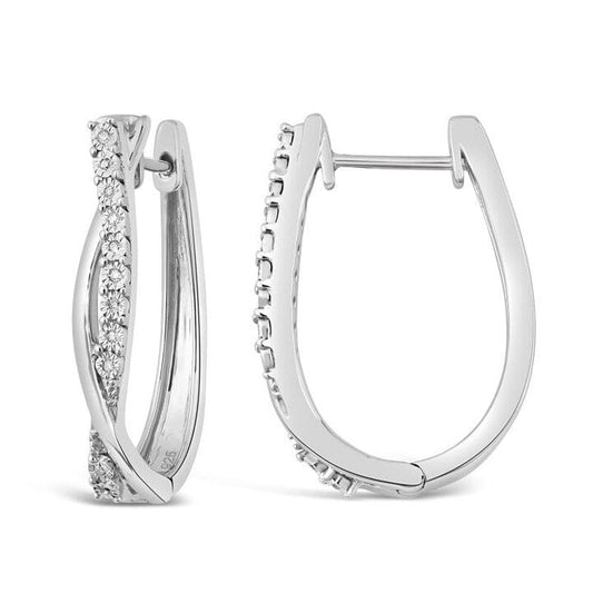 Image of Earrings. Productname: Diamond Set Crossover Hoop Earrings in Sterling Silver in Diamond colour by brand - Bevilles