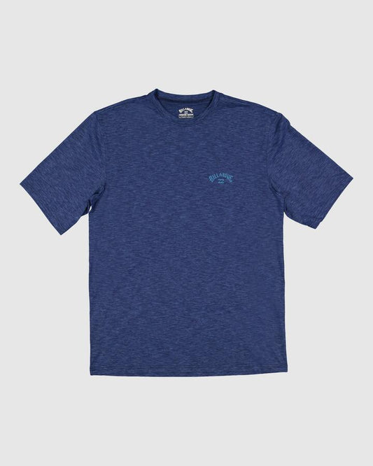Image of a model wearing Tops. Product name - Billabong Mens Shoreline Loose Fit Short Sleeve Rash Vest Denim Heather in Denim Heather colour by brand - Billabong
