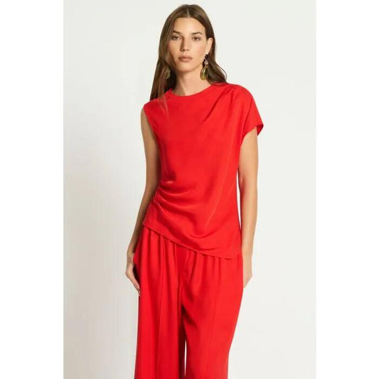 Image of a model wearing Tops. Productname: Pandemonium Top in GARNET RED colour by brand - sass and bide