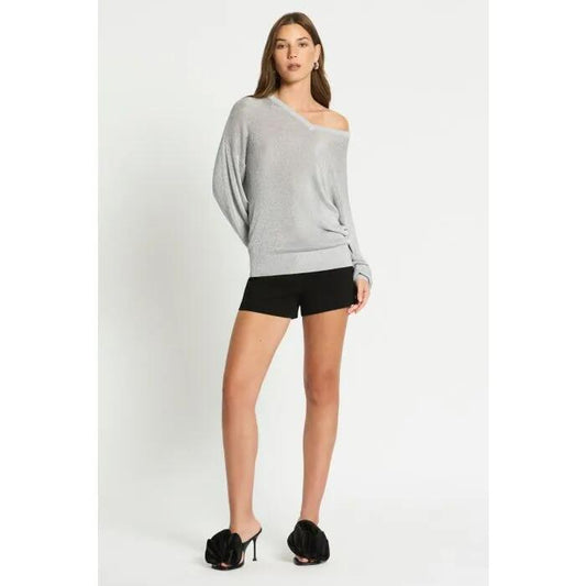 Image of a model wearing Outerwear. Productname: Moonlight Knit Jumper in METALLIC SILVER colour by brand - sass and bide