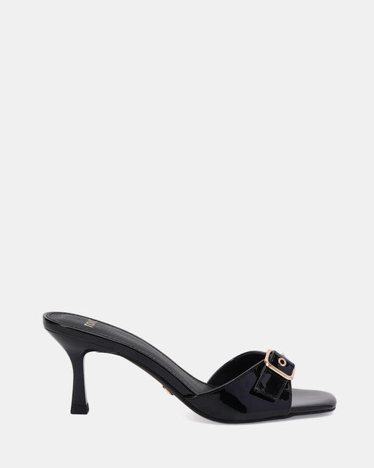 Image of Sandals. Product name - Venezia Women's Strappy Low Heel Black Patent Novo Sandals in Black Patent colour by brand - NOVO