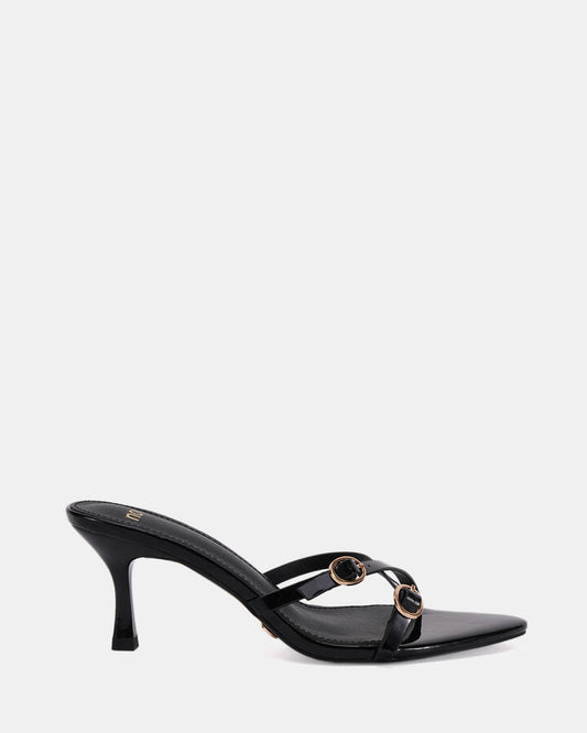 Image of Sandals. Product name - Valkyrie Women's Strappy Low Heel Black Patent Novo Sandals in Black Patent colour by brand - NOVO