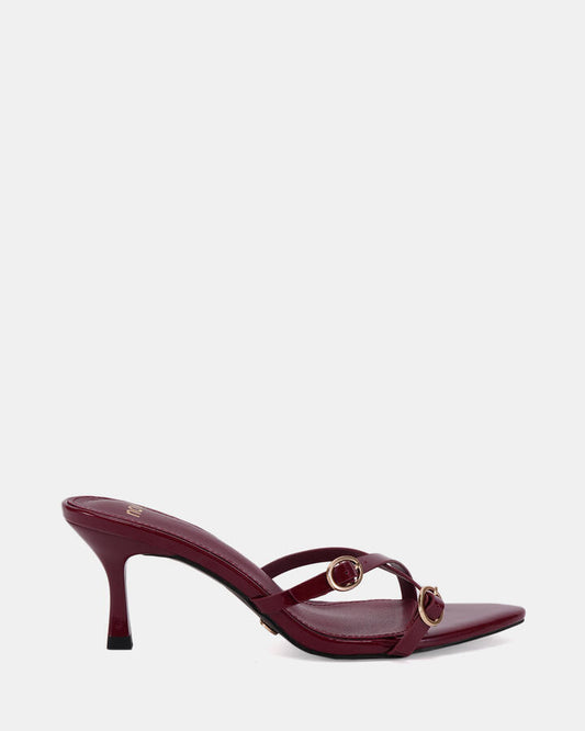 Image of Sandals. Product name - Valkyrie Women's Strappy Low Heel DEEP RED PATENT Novo Sandals in Deep Red Patent colour by brand - NOVO