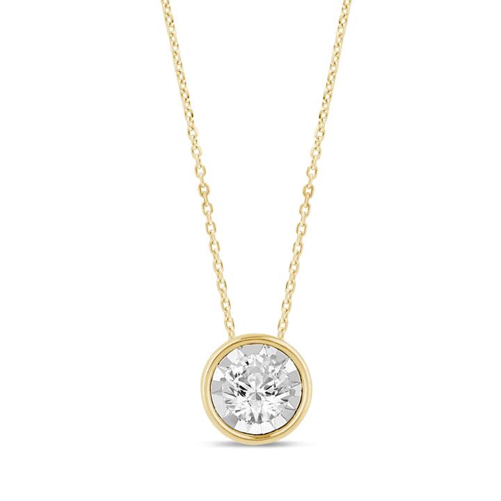 Image of Necklaces. Productname: 0.10ct Diamond Solitaire Bezel Necklace in 9kt Yellow Gold in Diamond colour by brand - Bevilles