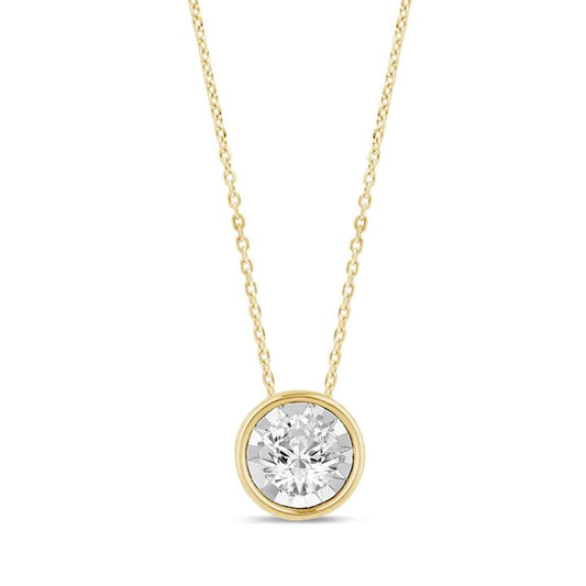 Image of Necklaces. Productname: 0.10ct Diamond Solitaire Bezel Necklace in 9kt Yellow Gold in Diamond colour by brand - Bevilles