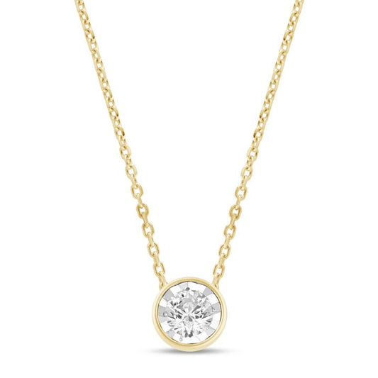 Image of Necklaces. Productname: 1/5ct Diamond Solitaire Bezel Necklace in 9kt Yellow Gold in Diamond colour by brand - Bevilles