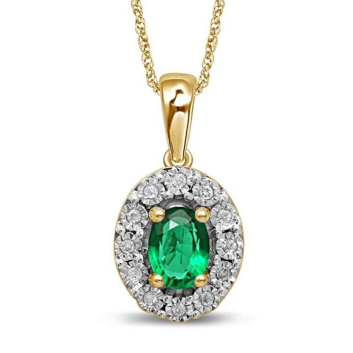 Image of Necklaces. Productname: 9kt Yellow Gold Created Emerald & Diamond Necklace in Diamond colour by brand - Bevilles