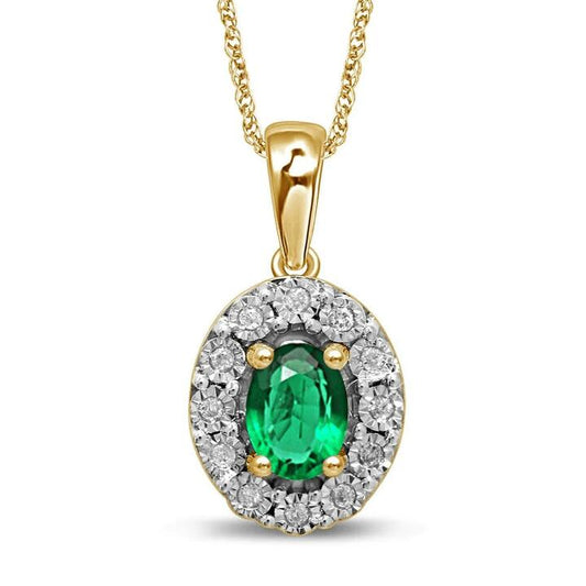 Image of Charms. Productname: 45cm Created Emerald and Diamond Halo Pendant Necklace in 9kt Yellow Gold in colour by brand - Bevilles