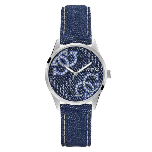 Image of a model wearing Denim. Productname: Guess Trend G Stitch Trend Silver-Tone Blue Denim Strap Women's' Watch GW0755L1 in Watch colour by brand - Guess