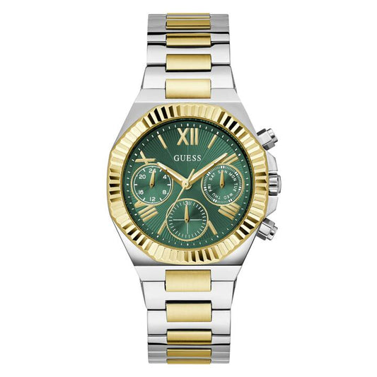 Image of a model wearing Dress. Productname: Guess Dress Equality Dress Two-Tone Silver and Gold-Tone Men's Watch GW0769L4 in Watch colour by brand - Guess