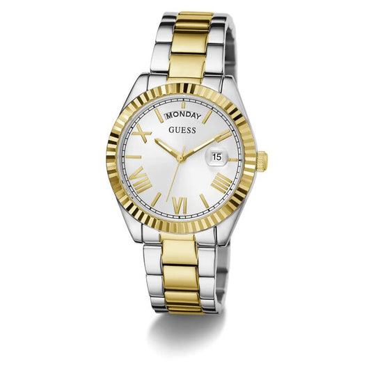 Image of a model wearing Dress. Productname: Guess Dress Luna Dress Two-Tone Day/Date Women's Watch GW0308L6 in Watch colour by brand - Guess