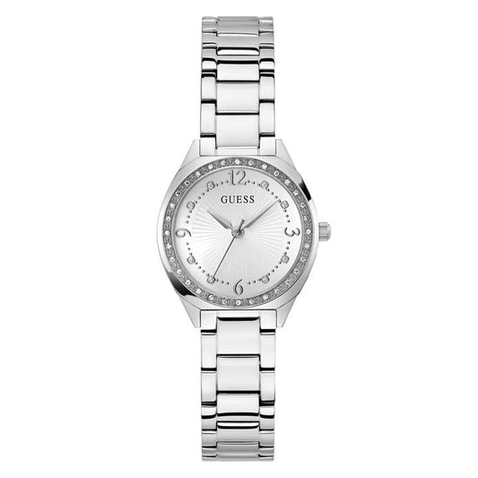 Image of a model wearing Dress. Productname: Guess Dress Charlotte Dress Silver-Tone Crystal Bezel Women's Watch GW0767L1 in Watch colour by brand - Guess