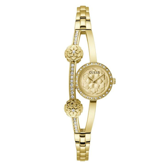 Image of Jewelry. Productname: Guess Bejewelled Chloe Bejewelled Gold-Tone Floral Bangle Women's Watch GW0756L2 in Watch colour by brand - Guess