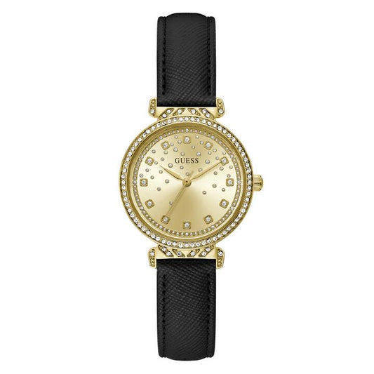Image of Watches. Productname: Guess Bejewelled Enchantment Bejewelled Gold-Tone Black Leather Women's Watch GW0764L2 in Watch colour by brand - Guess