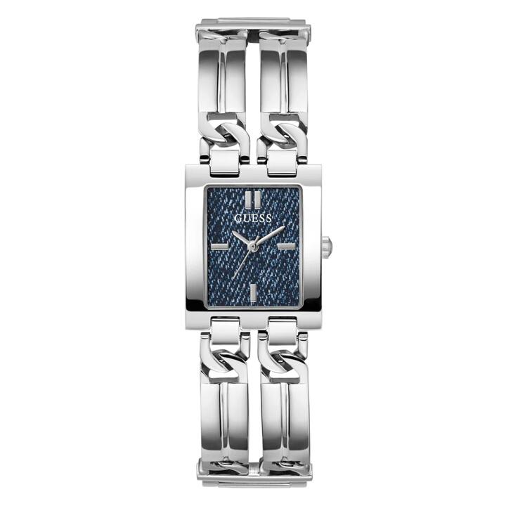 Image of a model wearing Denim. Productname: Guess Trend Mod Id Trend Silver-Tone Blue Denim Women's Watch GW0807L1 in Watch colour by brand - Guess