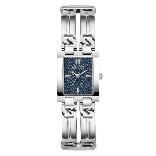 Image of a model wearing Denim. Productname: Guess Trend Mod Id Trend Silver-Tone Blue Denim Women's Watch GW0807L1 in Watch colour by brand - Guess