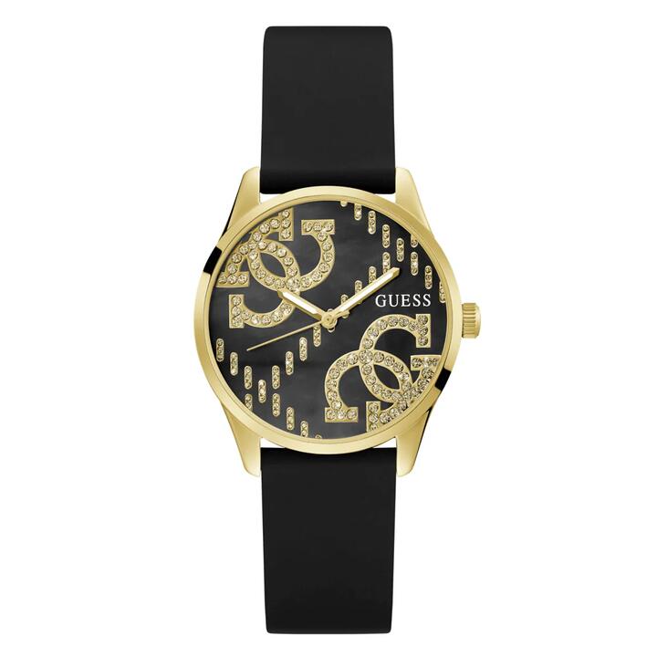 Image of a model wearing Denim. Productname: Guess Trend G Stitch Trend Gold-Tone Black Denim Strap Women's Watch GW0755L3 in Watch colour by brand - Guess